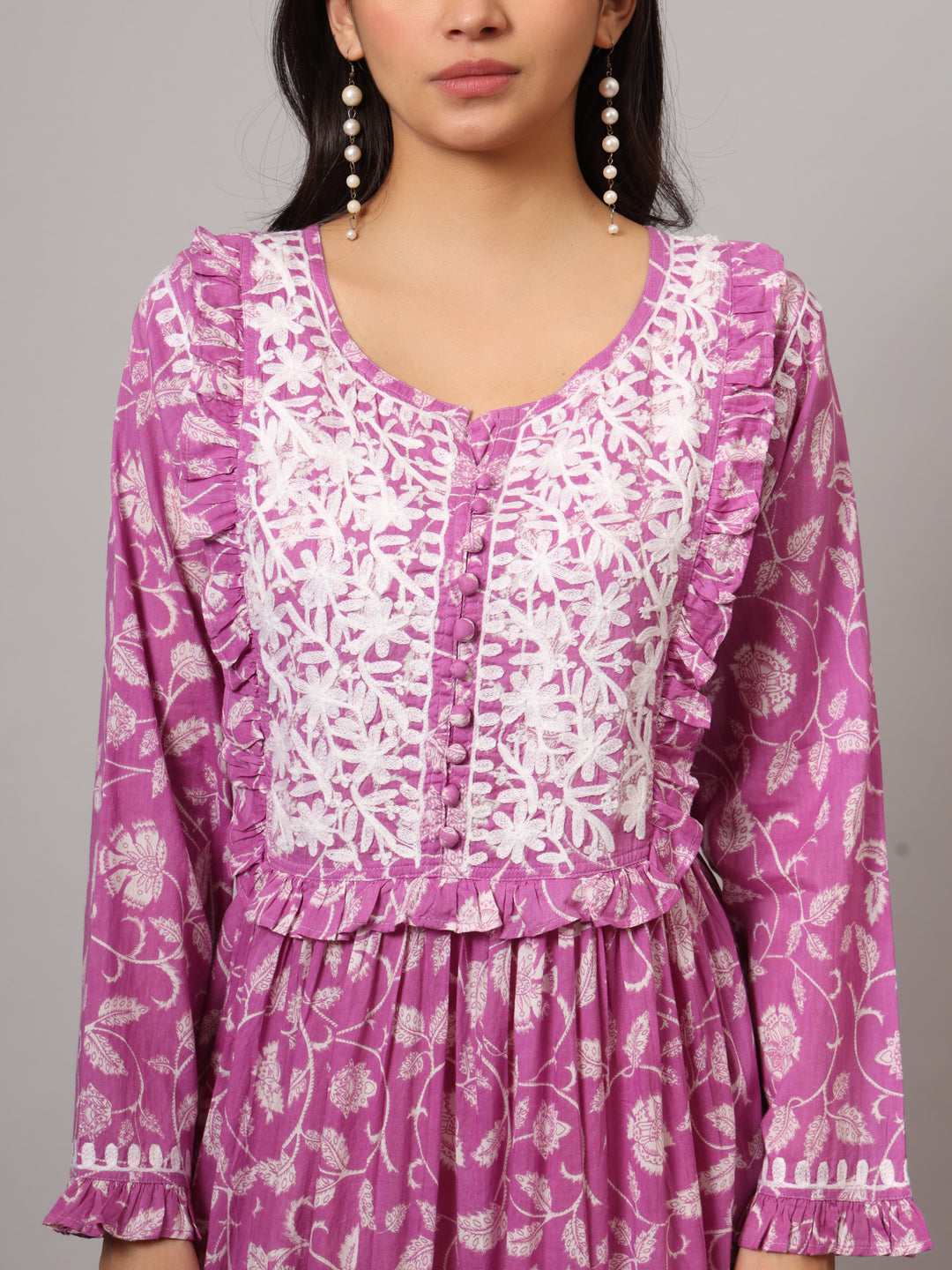 Hand Embroidered Chikankari A-Line Gathering Pattern Mulmul Cotton Jalabiya-AL3941 Hotpink