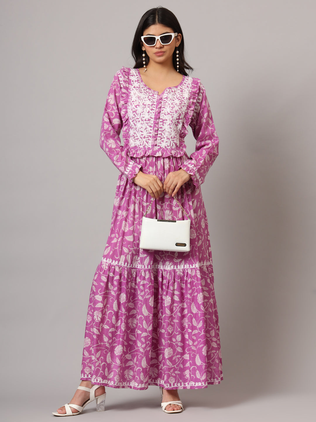 Hand Embroidered Chikankari A-Line Gathering Pattern Mulmul Cotton Jalabiya-AL3941 Hotpink