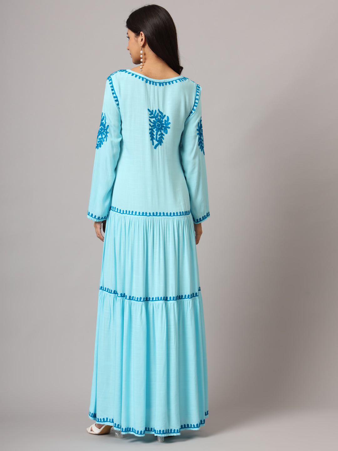 Hand Embroidered Lucknowi Chikankari Cotton Jalabiya-AL3942 Turquoise