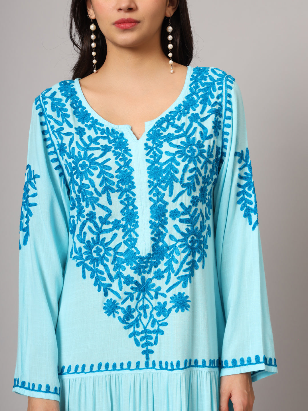 Hand Embroidered Lucknowi Chikankari Cotton Jalabiya-AL3942 Turquoise