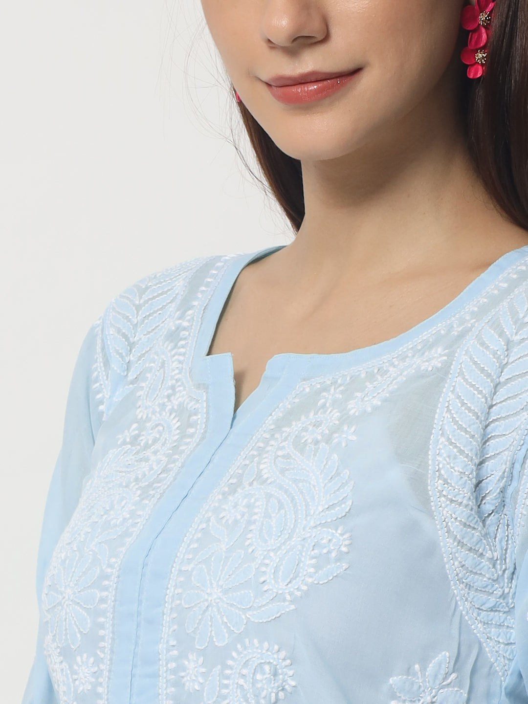 Hand Embroidered Chikankari Cotton Straight Kurti-AL3595 Blue