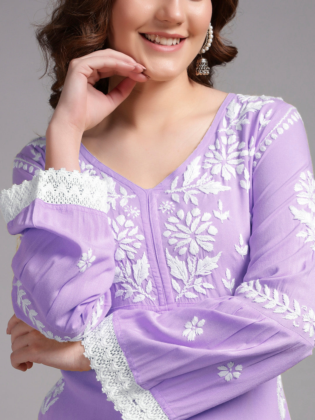 Women Hand Embroidered Lucknowi Chikankari Rayon Kurta Set-AL4077KS Lavender