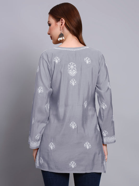 Women Hand Embroidered Chikankari Chanderi Short Kurti-AL4090 Grey