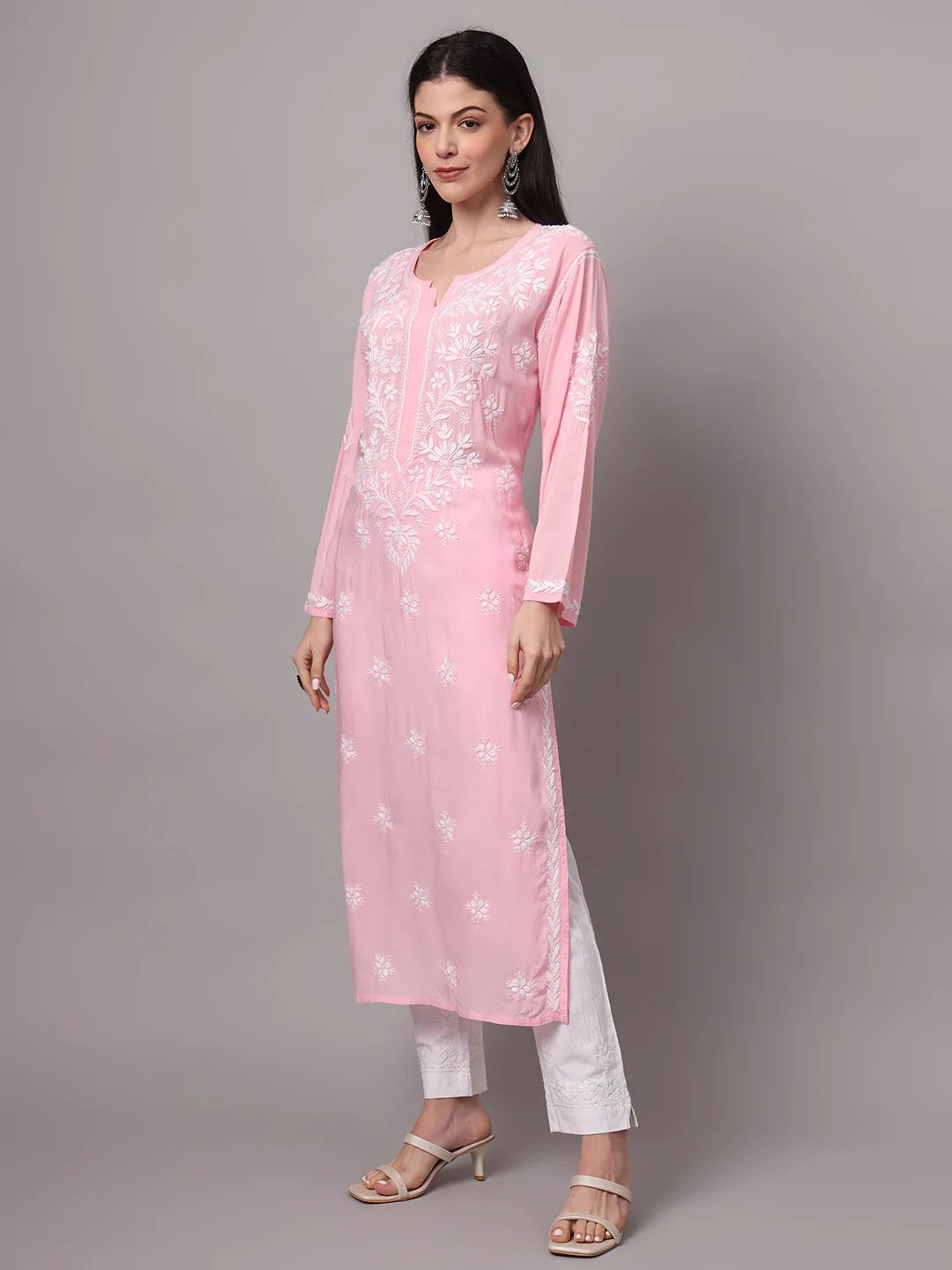 Women Hand Embroidered Chikankari Modal Kurta-AL4059 Pink