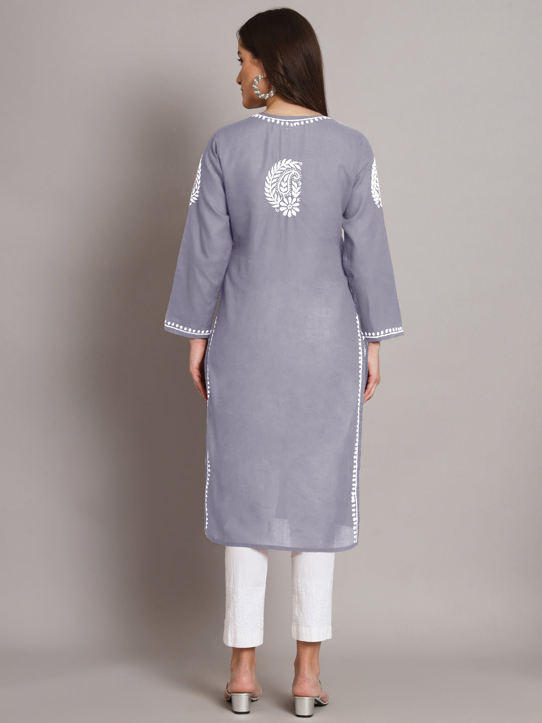 Hand Embroidered Chikankari Cotton Straight Kurta- AL3561 Grey