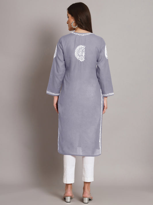 Hand Embroidered Chikankari Cotton Straight Kurta- AL3561 Grey