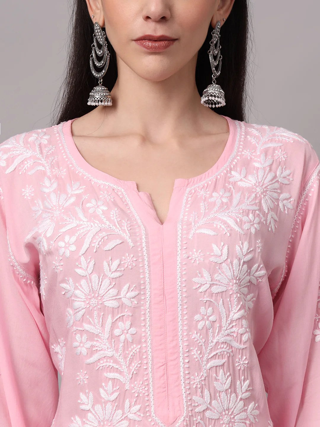 Women Hand Embroidered Chikankari Modal Kurta-AL4059 Pink