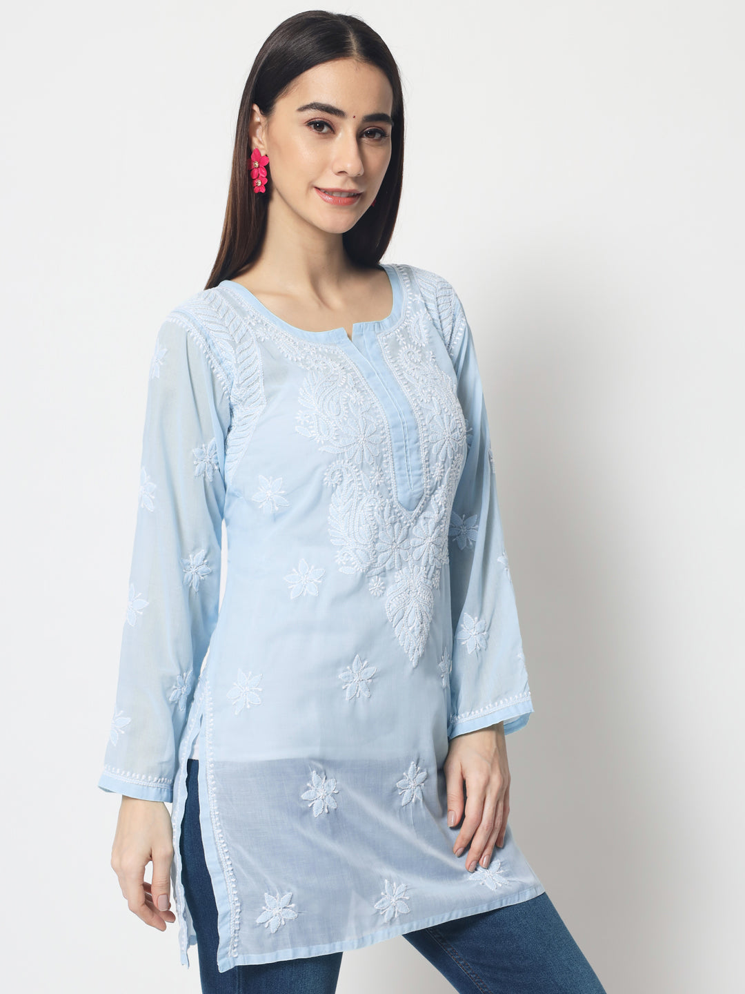 Hand Embroidered Chikankari Cotton Straight Kurti-AL3595 Blue