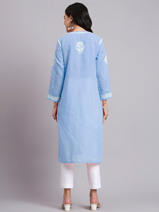 Women Hand Embroidered Chikankari Cotton Kurta-AL3999 Denim