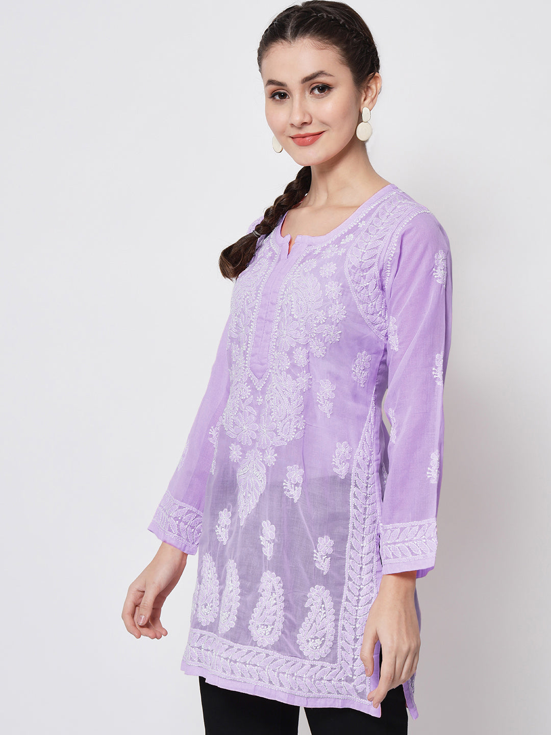 Hand Embroidered Chikankari Cotton Straight Kurti-AL3595 Purple