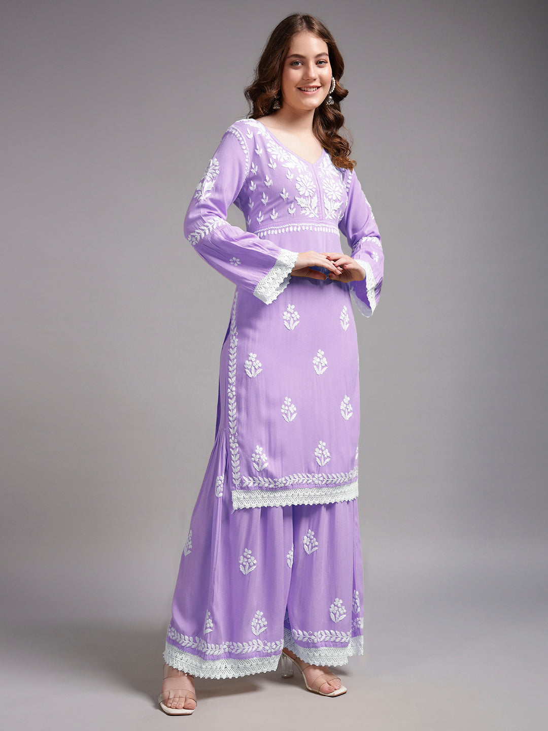 Women Hand Embroidered Lucknowi Chikankari Rayon Kurta Set-AL4077KS Lavender