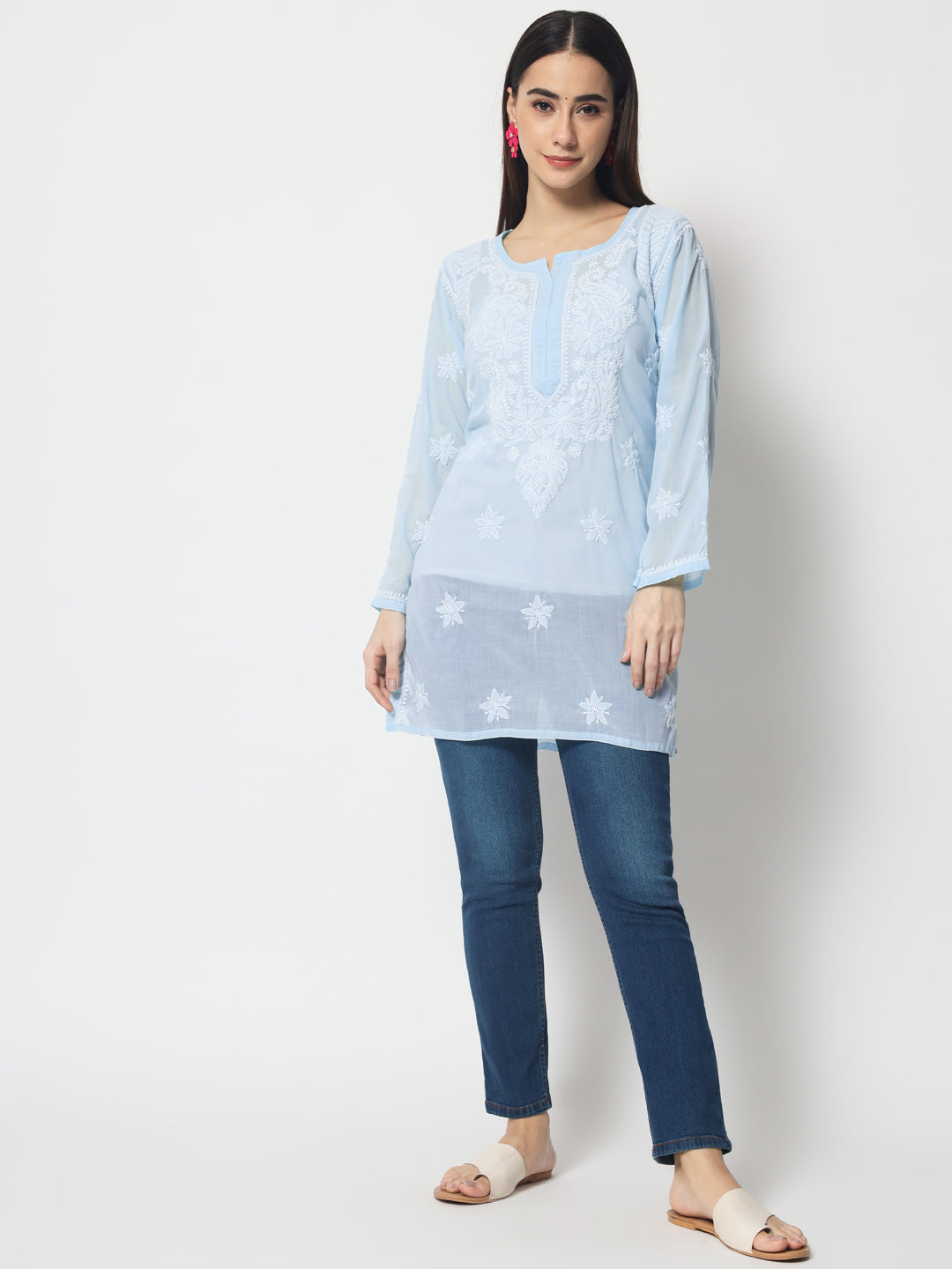 Hand Embroidered Chikankari Cotton Straight Kurti-AL3595 Blue