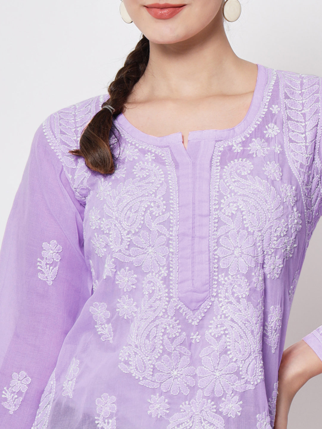 Hand Embroidered Chikankari Cotton Straight Kurti-AL3595 Purple