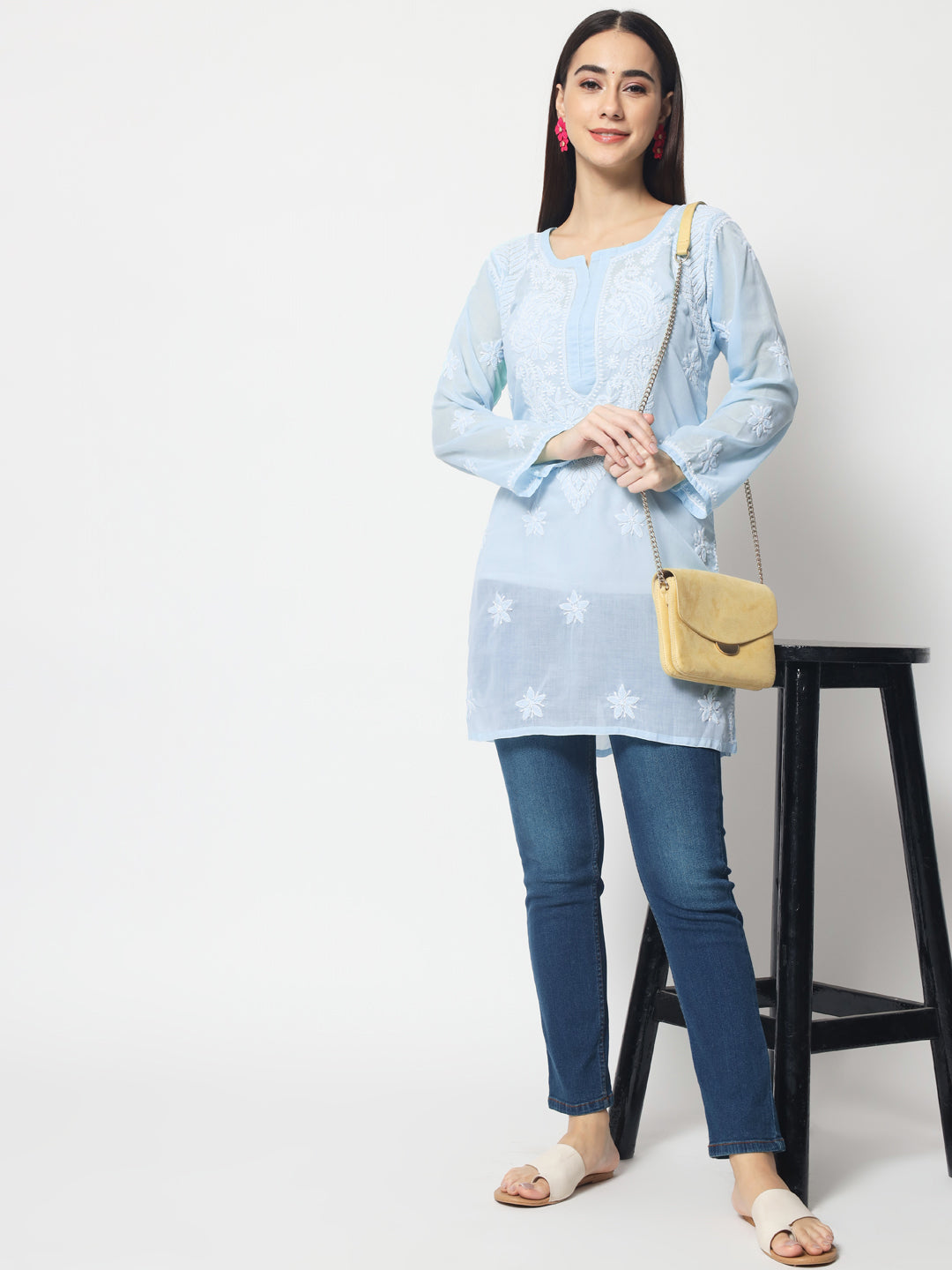 Hand Embroidered Chikankari Cotton Straight Kurti-AL3595 Darkpeach
