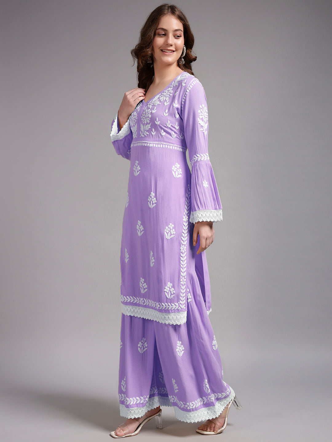 Women Hand Embroidered Lucknowi Chikankari Rayon Kurta Set-AL4077KS Lavender