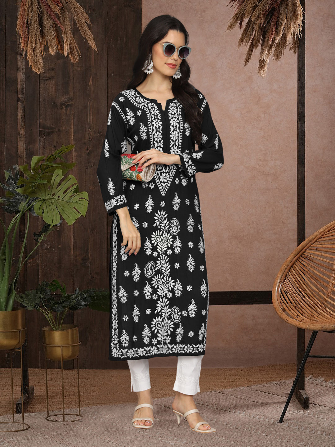 Women Chikankari Hand Embroidered Modal Kurta -AL4042 Black