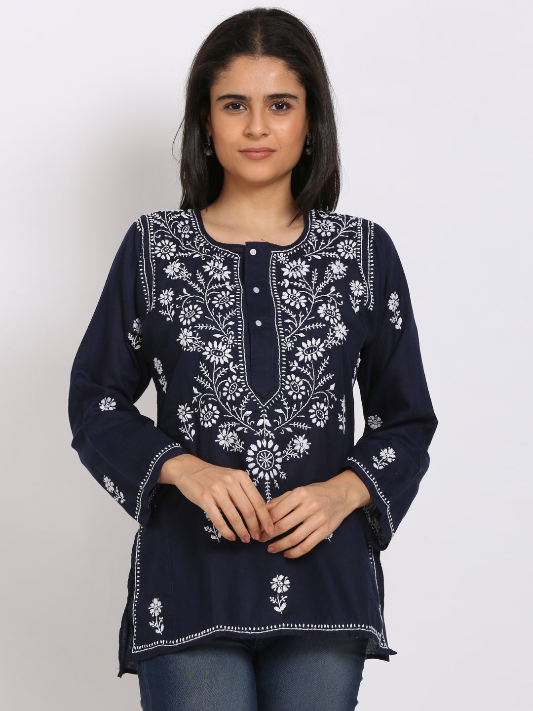 Women Hand Embroidered Chikankari Cotton Kurti-ALSTV115 Navy