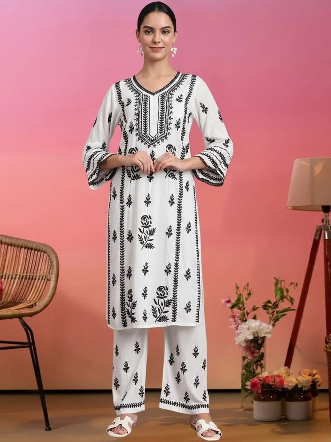 Women Hand Embroidered Lucknowi Chikankari Rayon Kurta Set-AL4078KS White & Black
