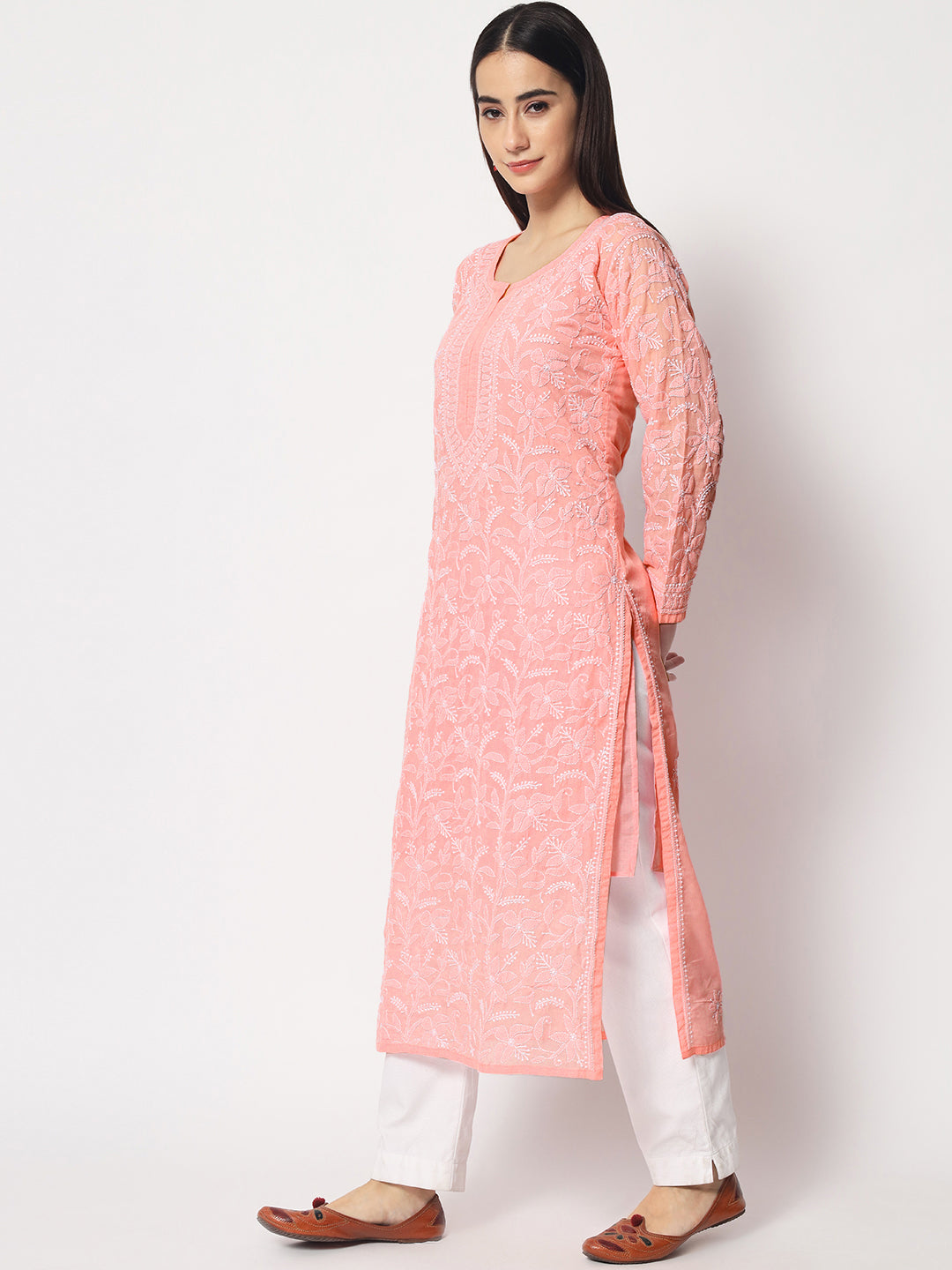 Women Hand Embroidered Chikankari Cotton Straight Kurta- AL3592 Darkpeach