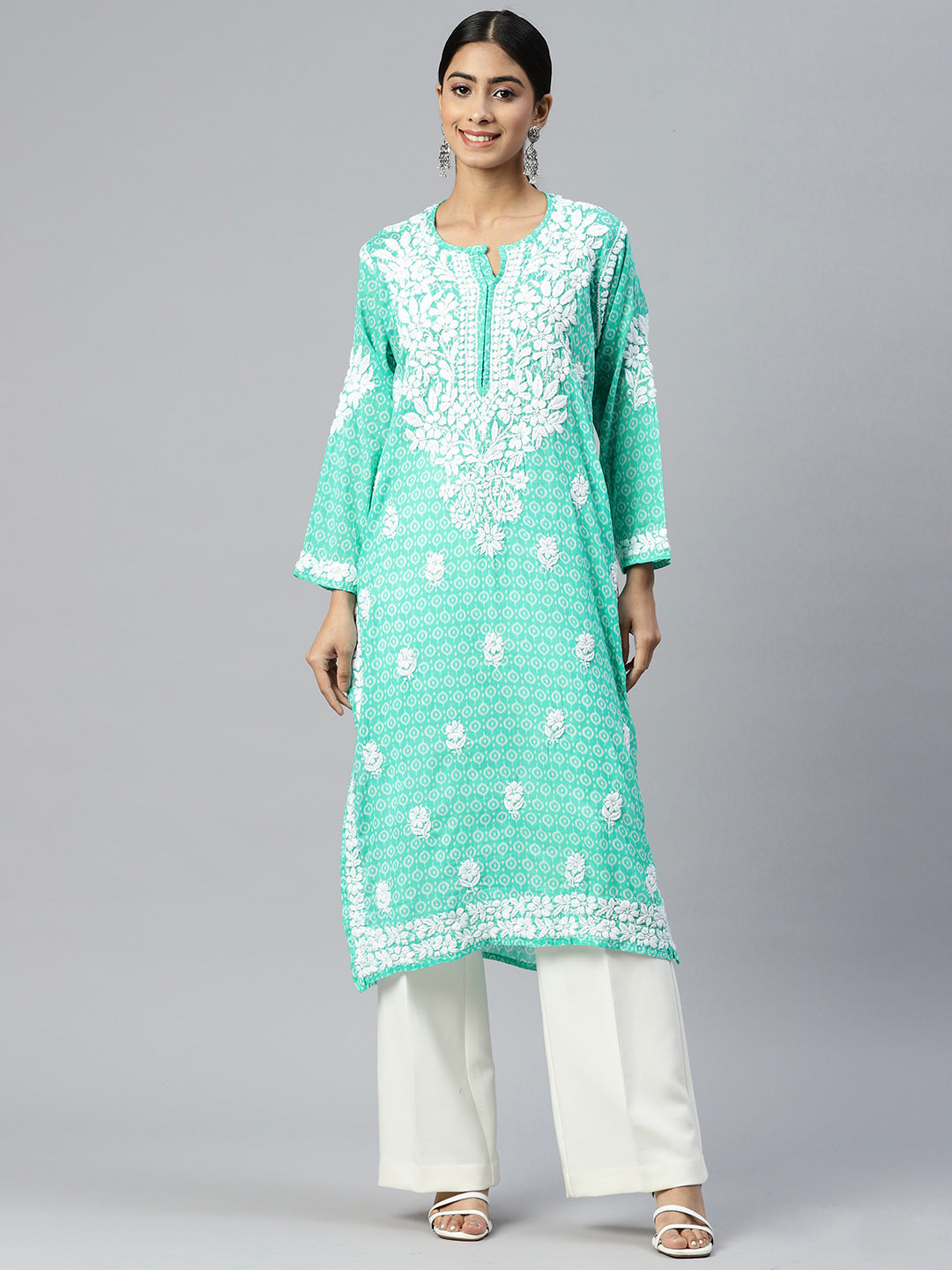 Women Hand Embroidered Lucknowi Chikankari Mulmul Cotton Kurta - AL3650 Green