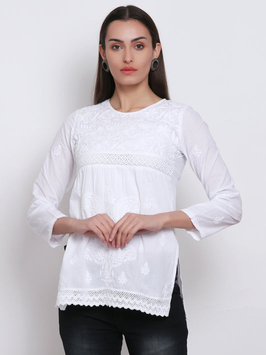 Hand Embroidered Chikankari Cotton Straight Tunic With Qureshia Lace-AL3347