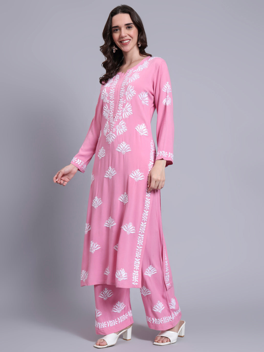 Women Hand Embroidered Chikankari Rayon Kurta Set-AL4084KS Pink