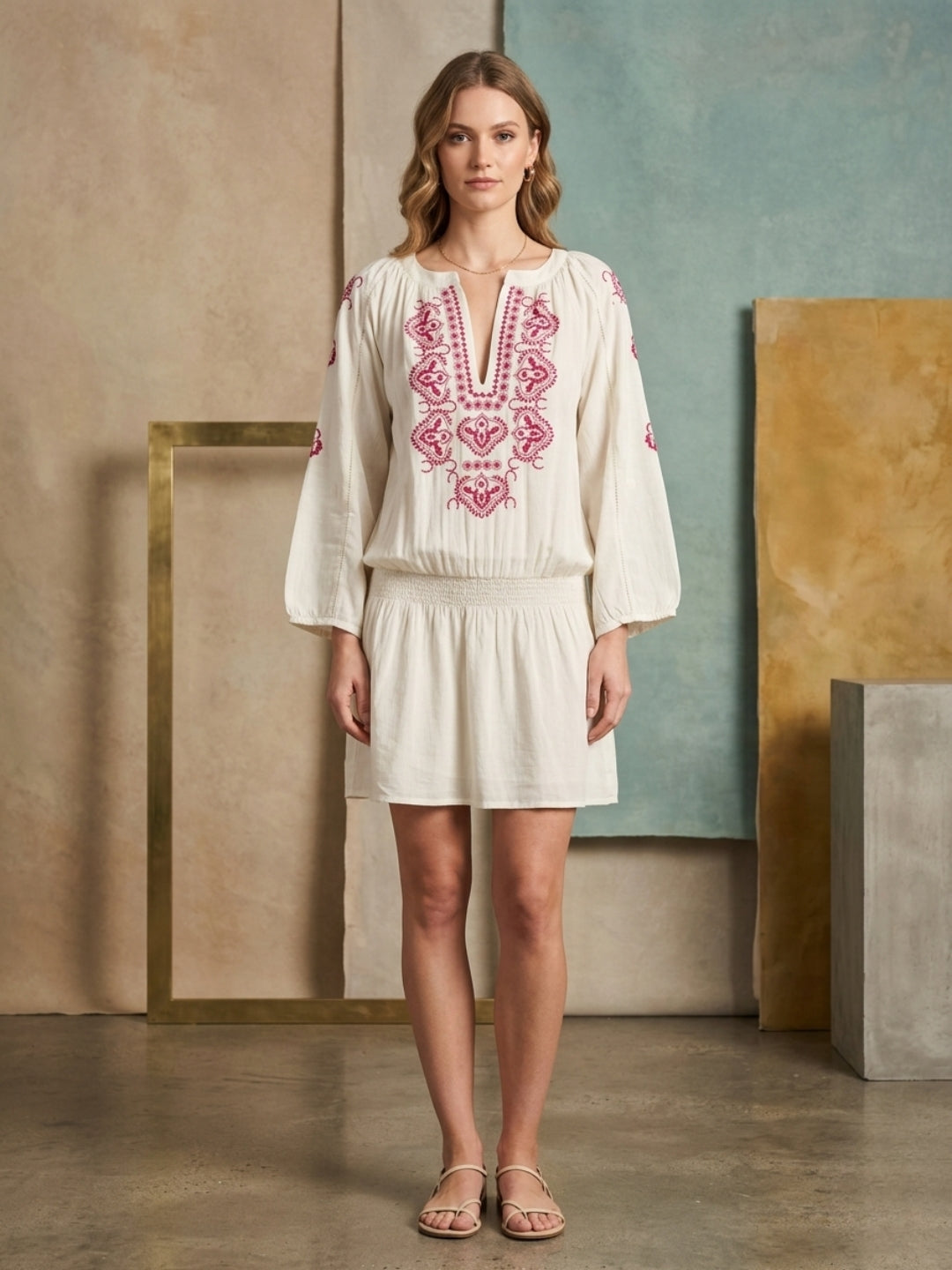 Women Embroidered Rayon Midi Dress -AL3754 Pink