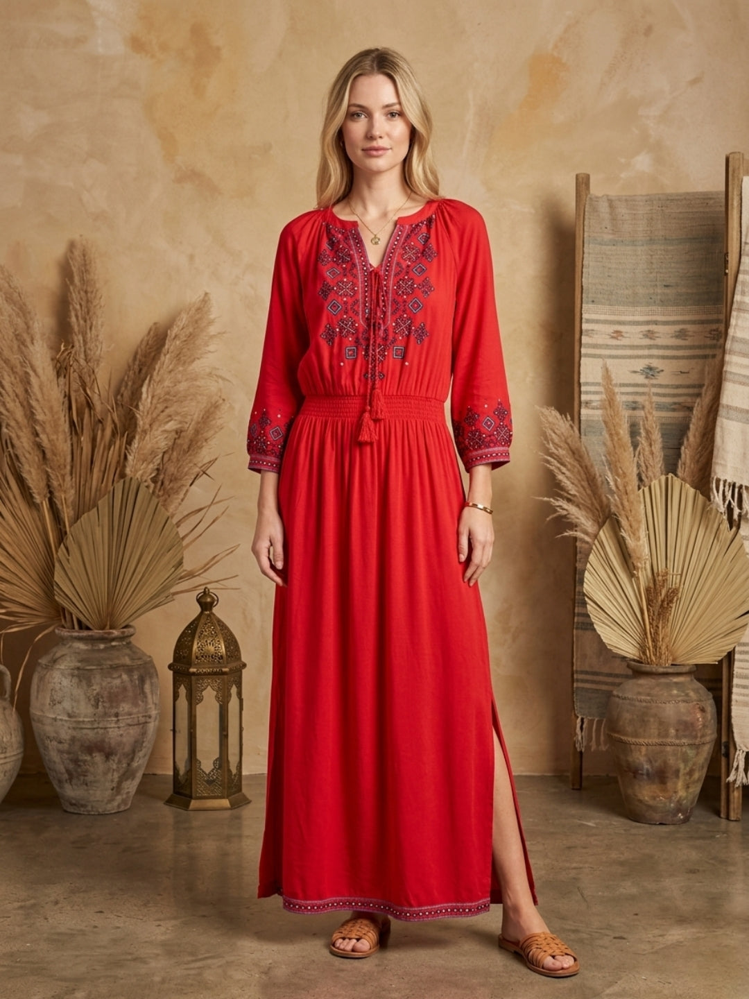 Women Embroidered Side Slit Rayon Full Dress -AL3869