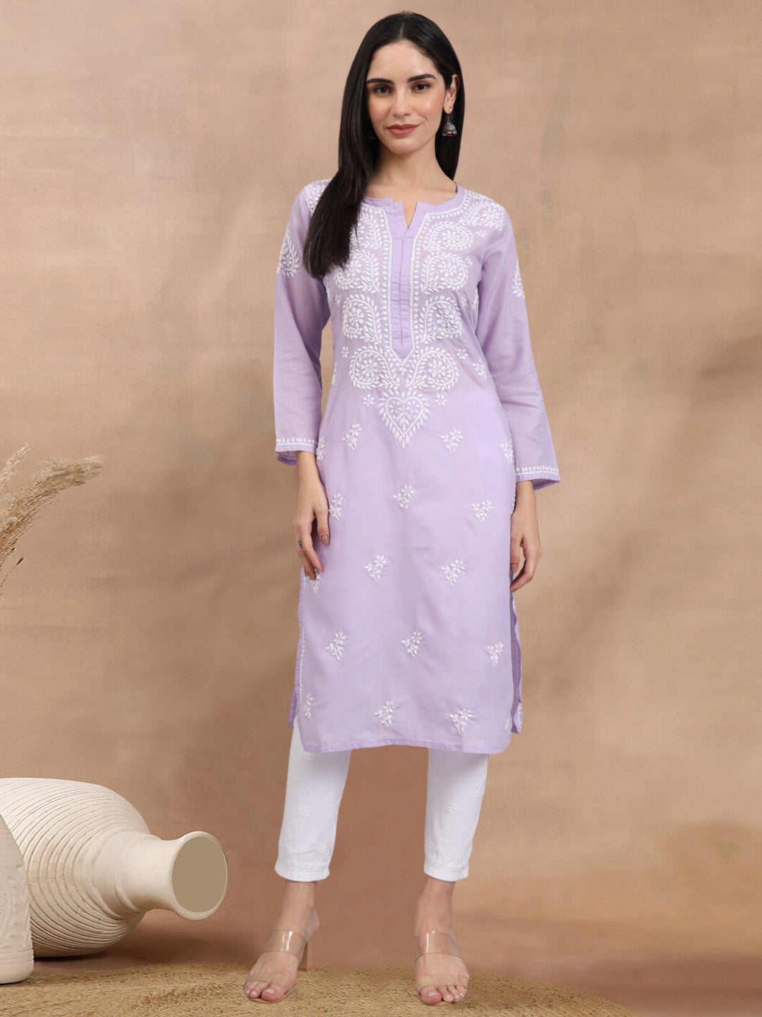 Hand Embroidered Chikankari Cotton Straight Kurta-AL3997 Mauve