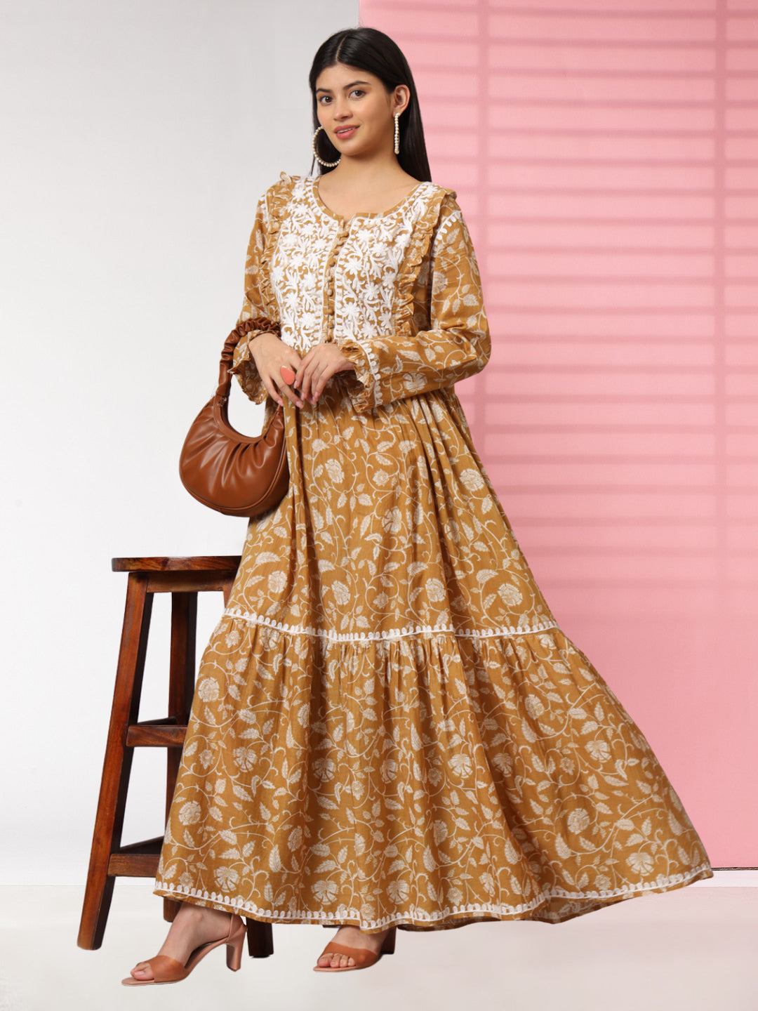 Hand Embroidered Chikankari A-Line Gathering Pattern Mulmul Cotton Jalabiya-AL3941 Beige