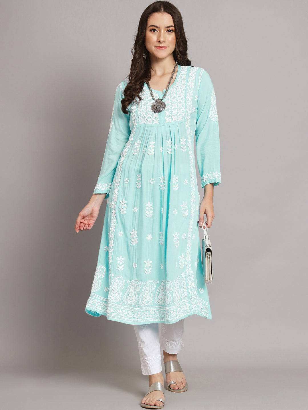 Women Hand Embroidered Chikankari Rayon Kurta-AL3549 Seagreen