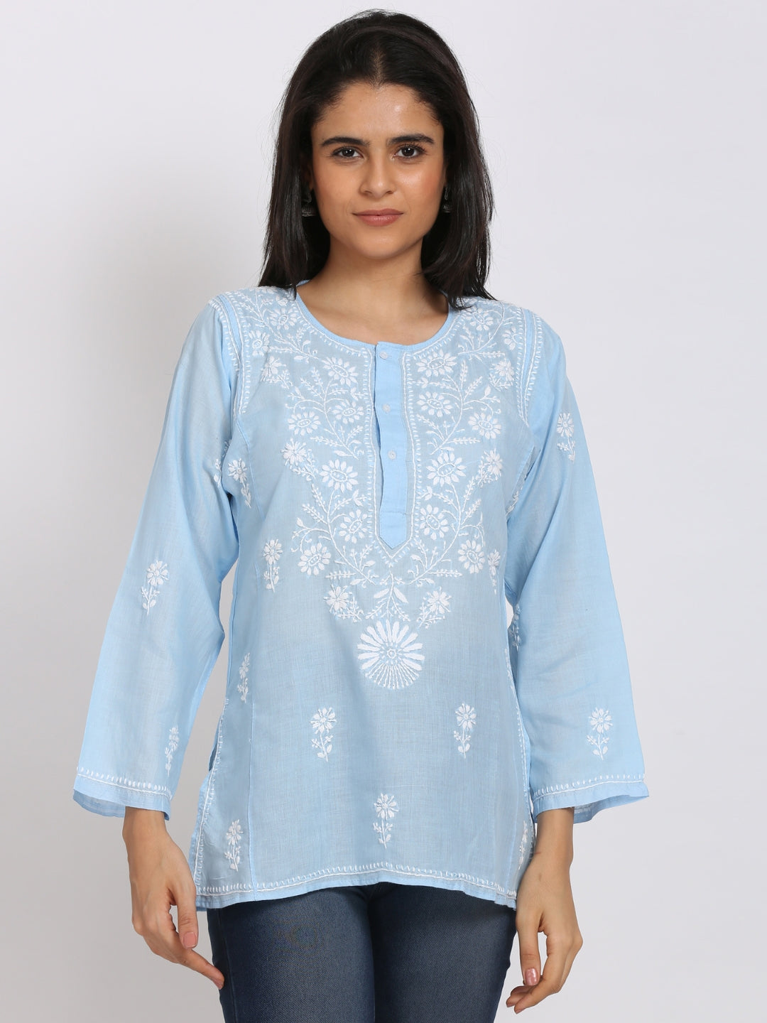 Women Hand Embroidered Chikankari Cotton Kurti-ALSTV115 Denimblue