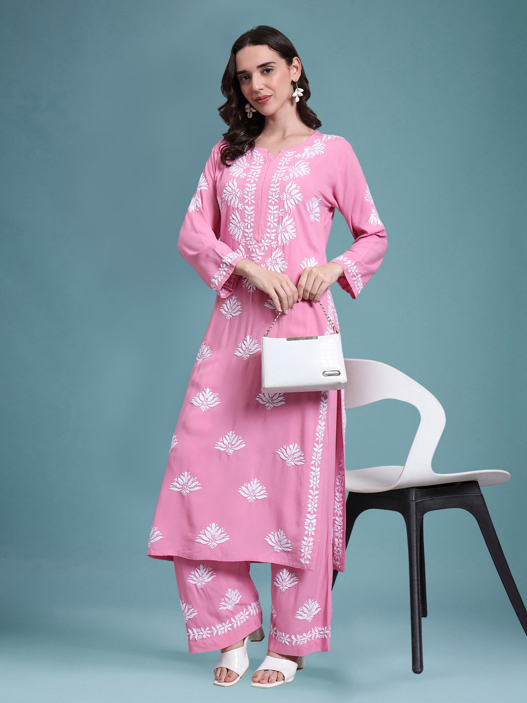 Women Hand Embroidered Chikankari Rayon Kurta Set-AL4084KS Pink