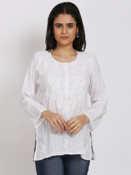 Women Hand Embroidered Chikankari Cotton Kurti-ALSTV115 White