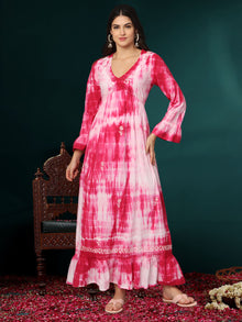 Women Chikankari Hand Embroidered Cotton Jalabiya in Tie-Dye shades-AL2160 Magenta