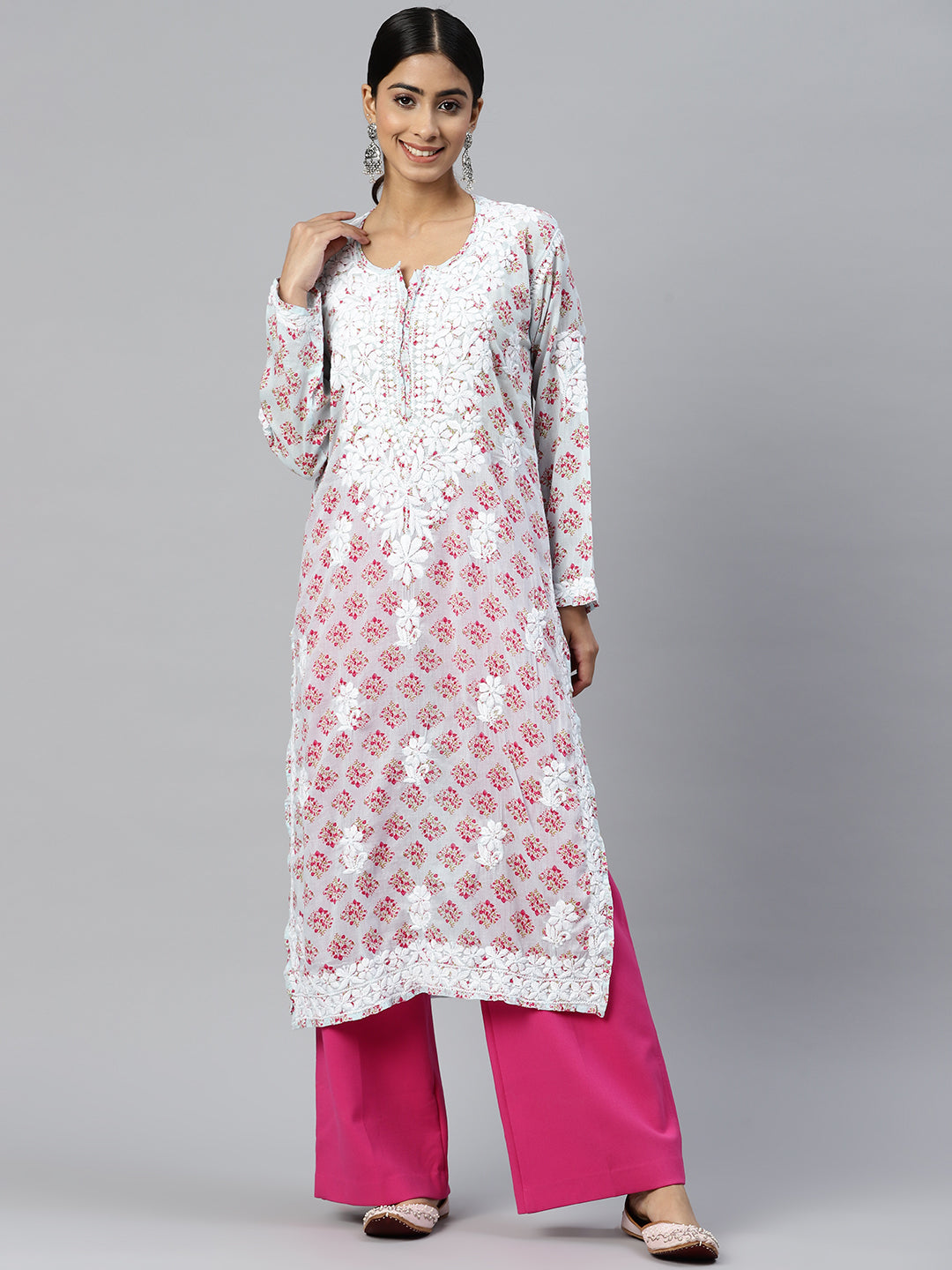 Women Hand Embroidered Chikankari Cotton Kurta-AL3649 Pink