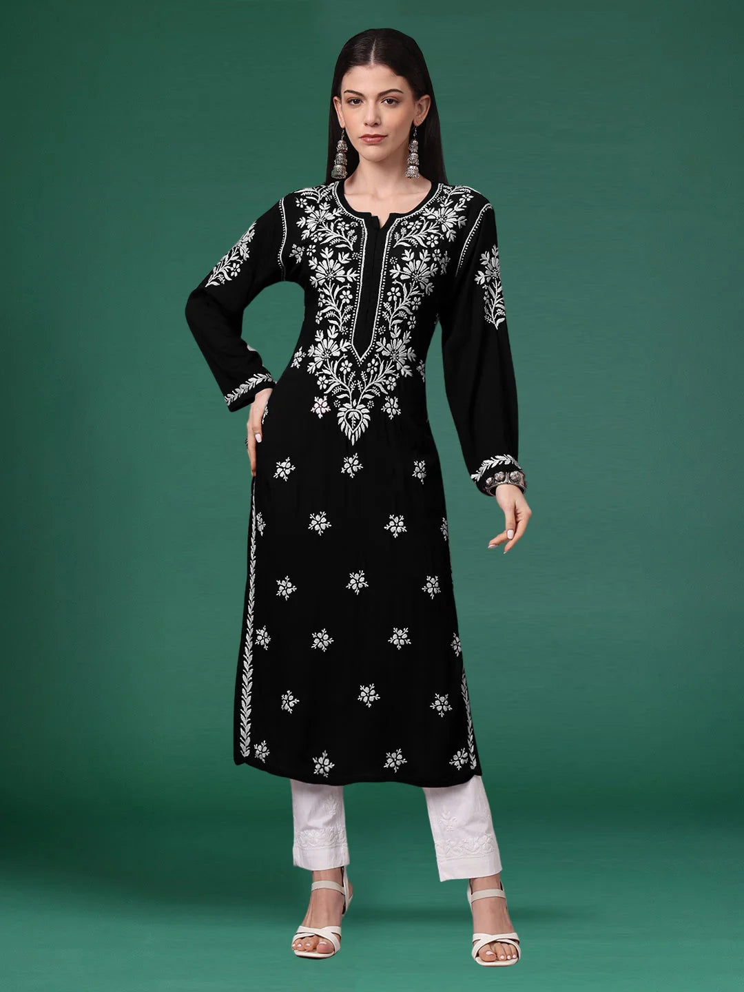 Women Hand Embroidered Modal Chikankari Kurta-AL4059 Black