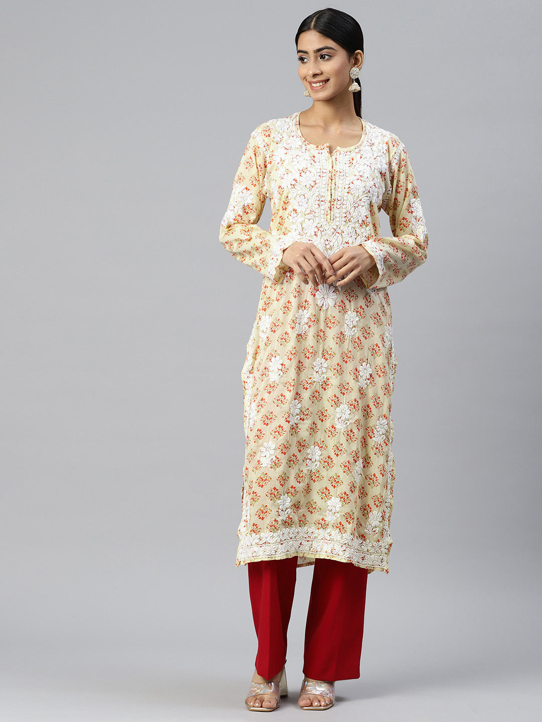 Women Hand Embroidered Chikankari Cotton Kurta-AL3649 Beige