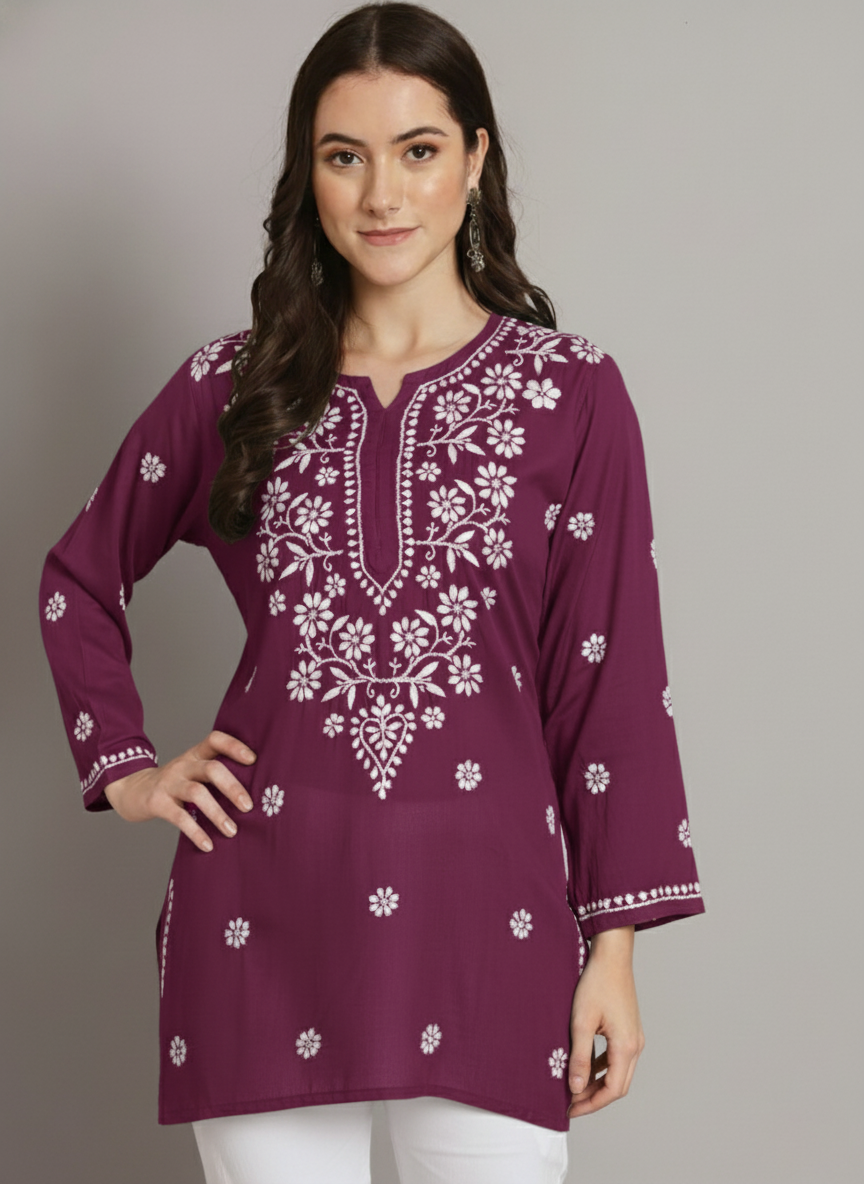 Women Hand Embroidered Modal Chikankari Kurti-AL3611 Burgundy