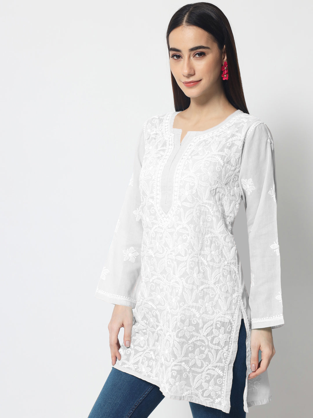 Hand Embroidered Chikankari Cotton Straight Tunic-AL3591 White