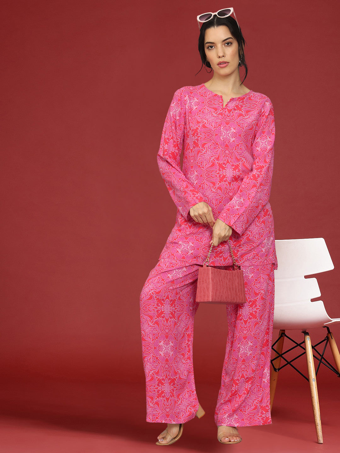 Printed Rayon Co-Ord Set for Women-AL4000 Pink