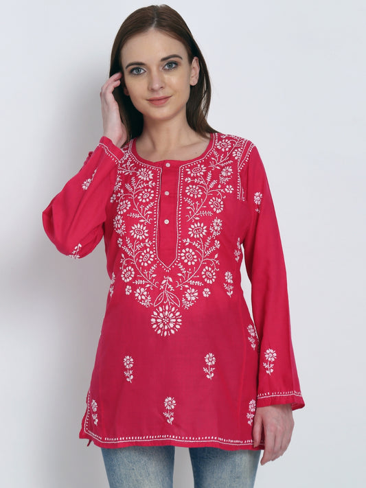 Women Hand Embroidered Chikankari Cotton Kurti-ALSTV115 Magenta