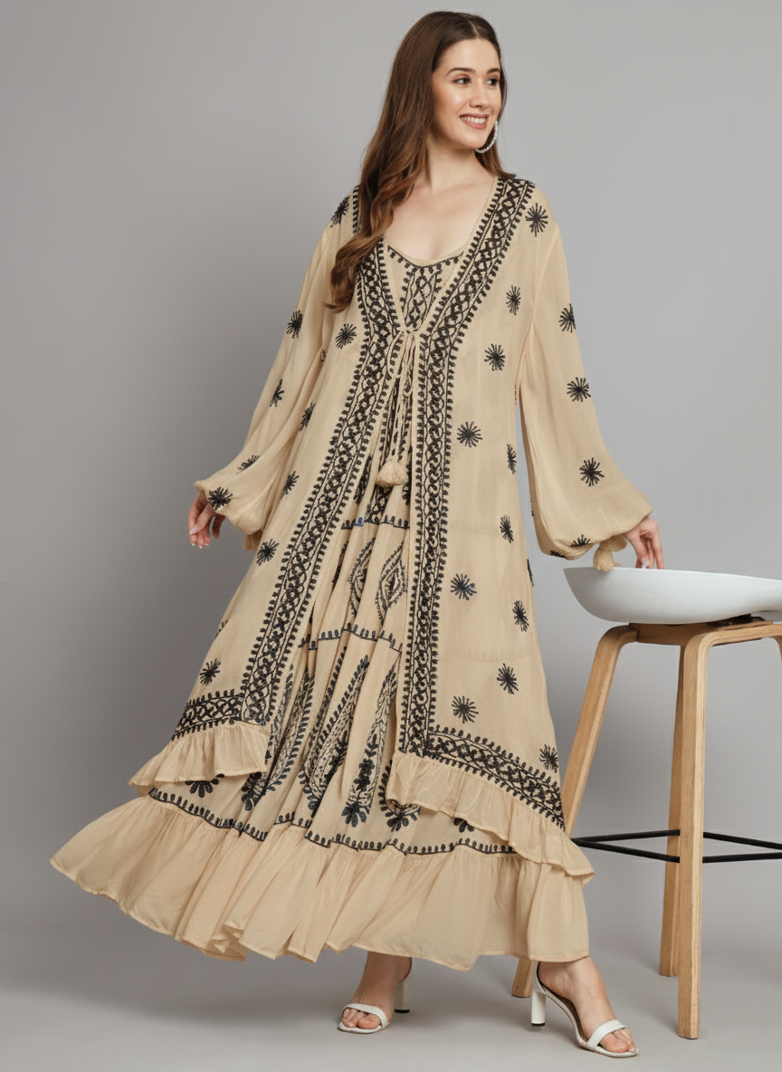 Hand Embroidered Chikankari Modal Kaftan-AL3605A Beige