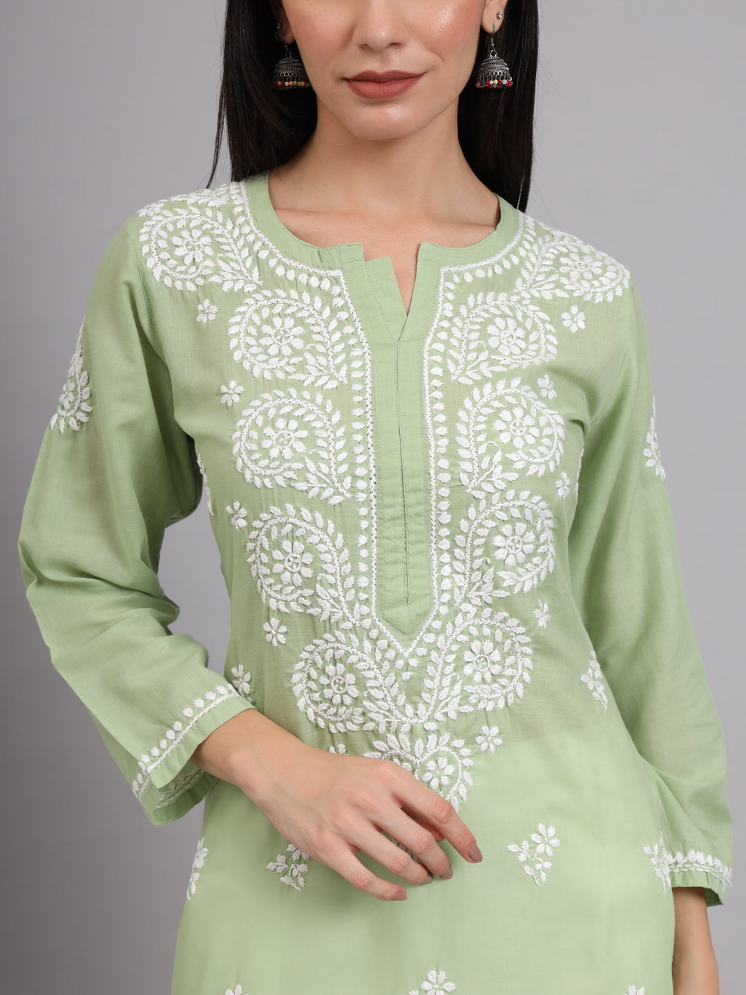 Hand Embroidered Chikankari Cotton Straight Kurta-AL3997 Green