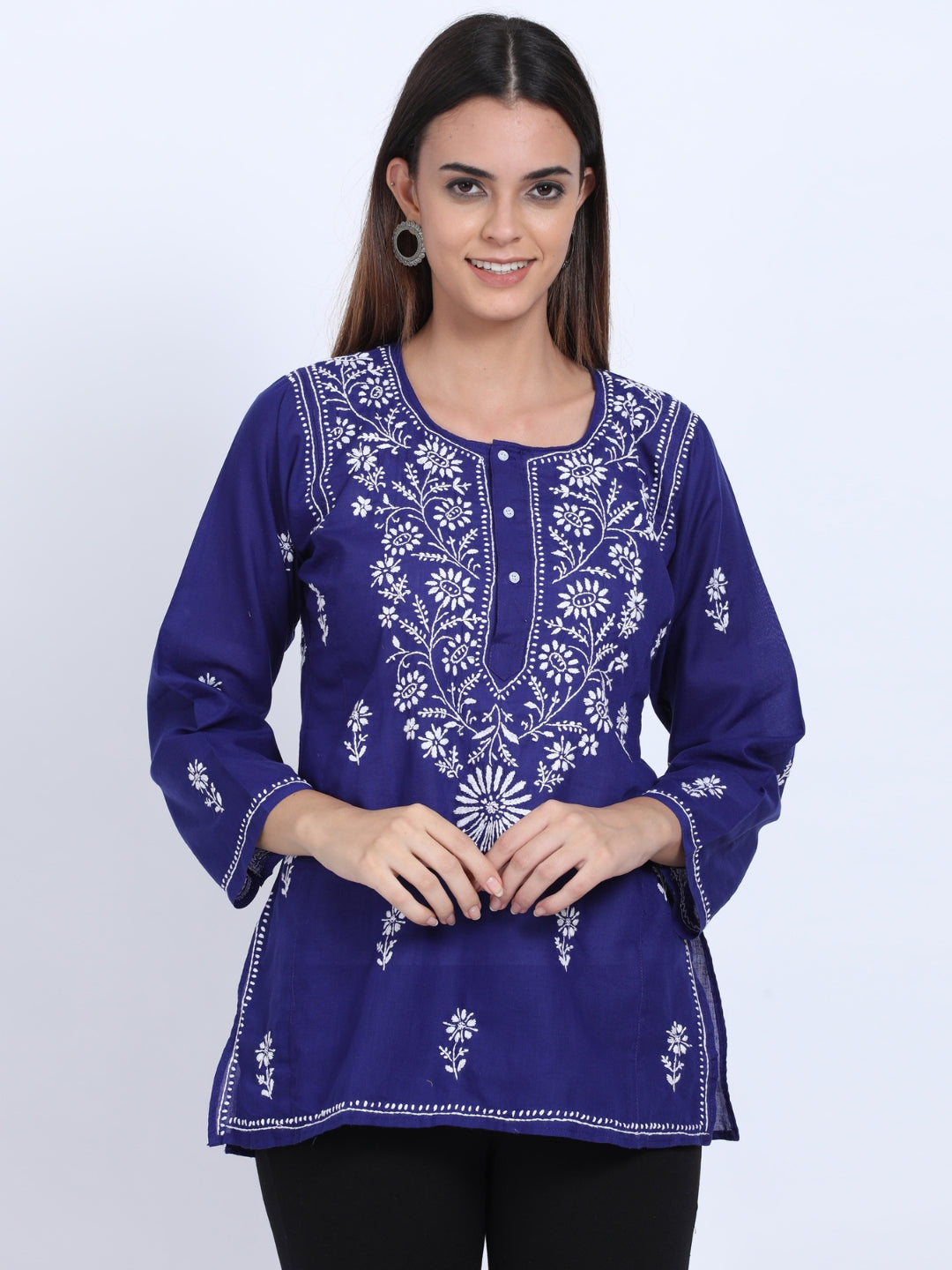 Women Hand Embroidered Chikankari Cotton Kurti-ALSTV115 Darkblue