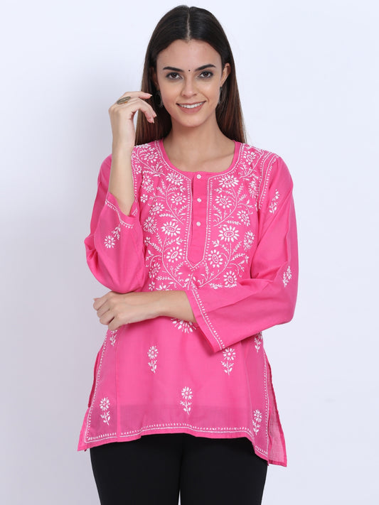 Women Hand Embroidered Chikankari Cotton Short Kurti-ALSTV115 Hotpink