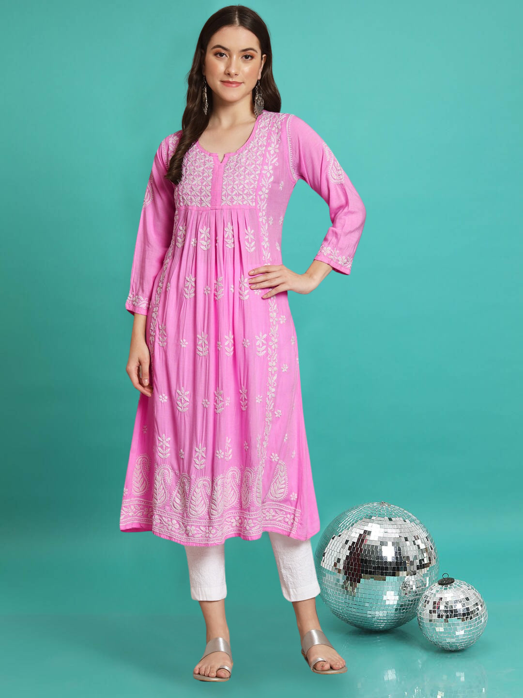 Women Hand Embroidered Chikankari Rayon Kurta-AL3549 Darkpink