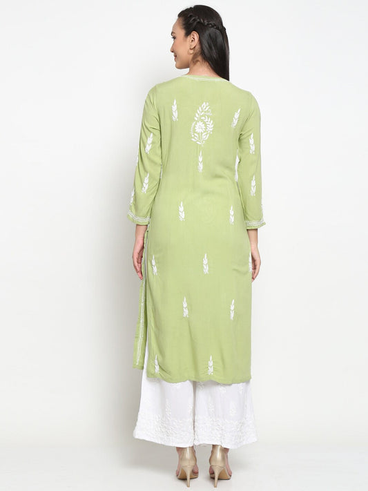 Hand Embroidered Chikankari Rayon Straight Kurta-AL3451 Green