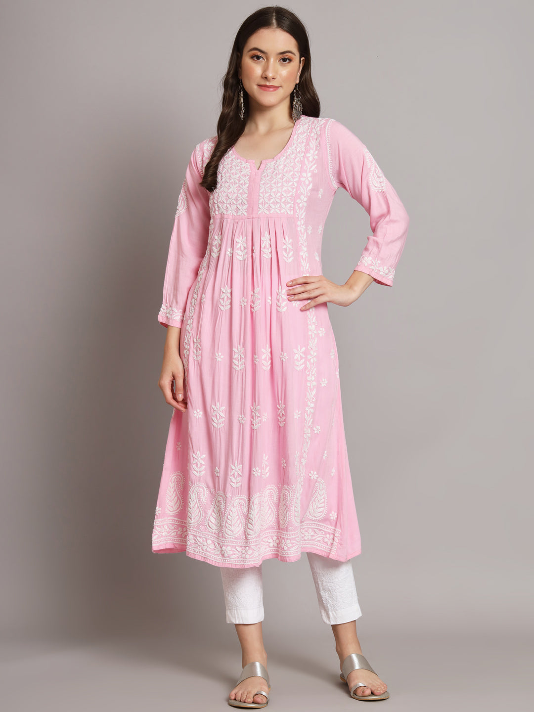Women Hand Embroidered Chikankari Rayon Kurta-AL3549 Babypink