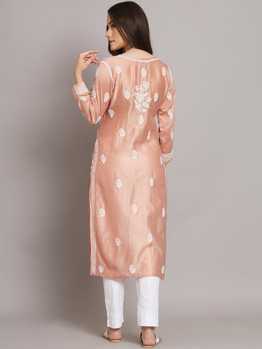 Women Floral Embroidered Chikankari Chanderi kurta-AL3670 Peach